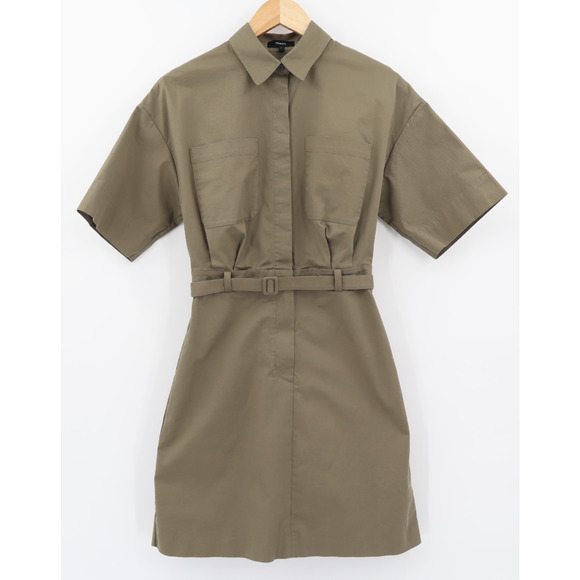Theory Women's Willow Green Soft Chino Short Sleeve Belted Shirt Dress Sz 2 - Picture 1 of 7